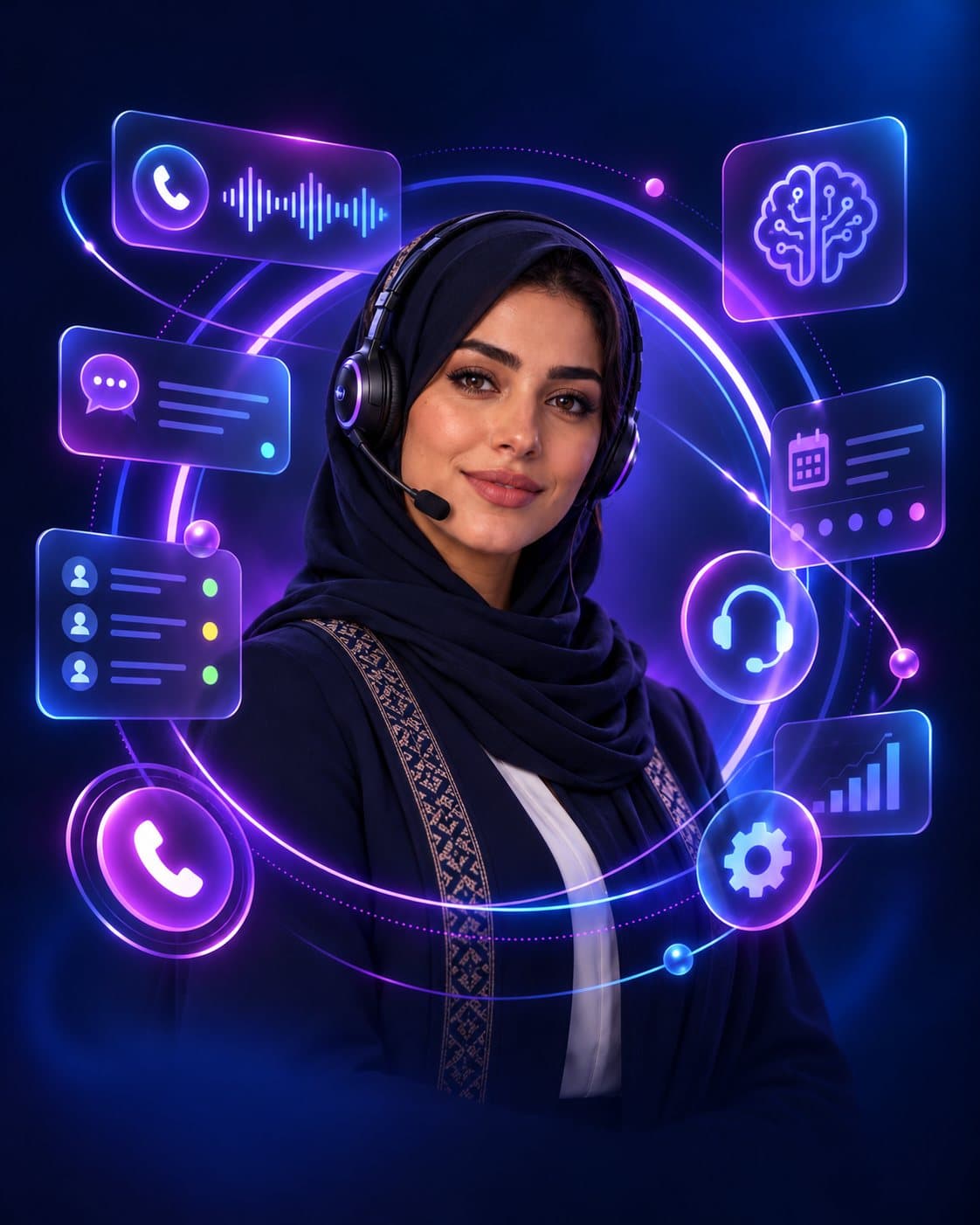 نُهى، موظفة استقبال ذكية بسماعة رأس تحيط بها واجهات المحادثة والمواعيد والتحليلات — صورة توضيحية مولّدة بالذكاء الاصطناعي